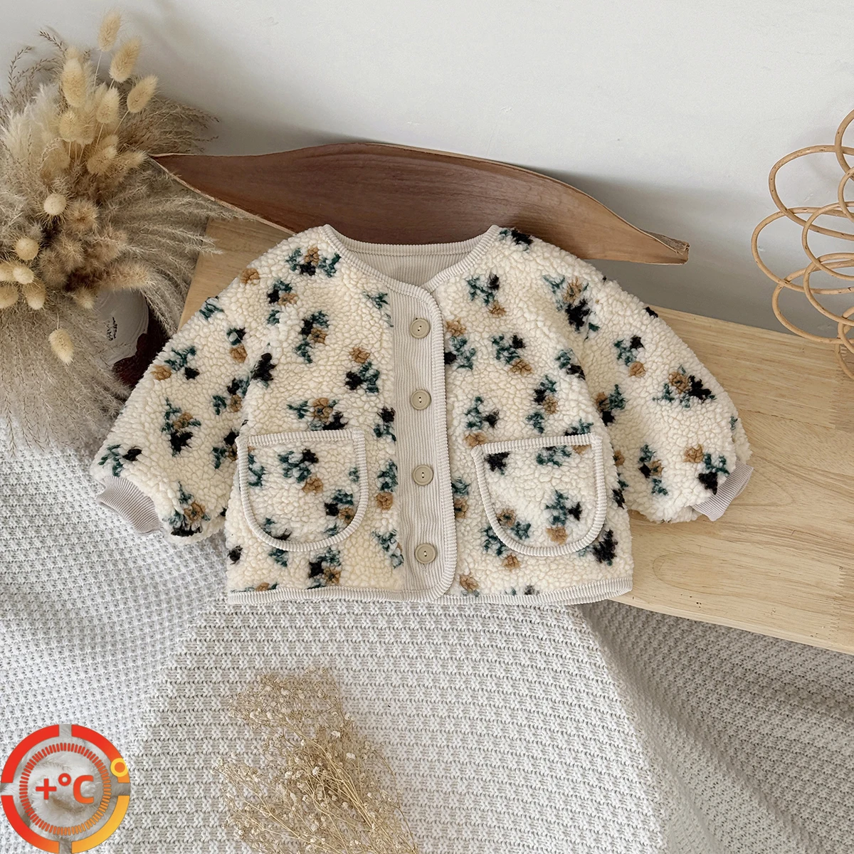 Winter Baby Small Flower Printed Thick Buttons Jacket Top Plush Warm Children Clothes Overcoats Girls