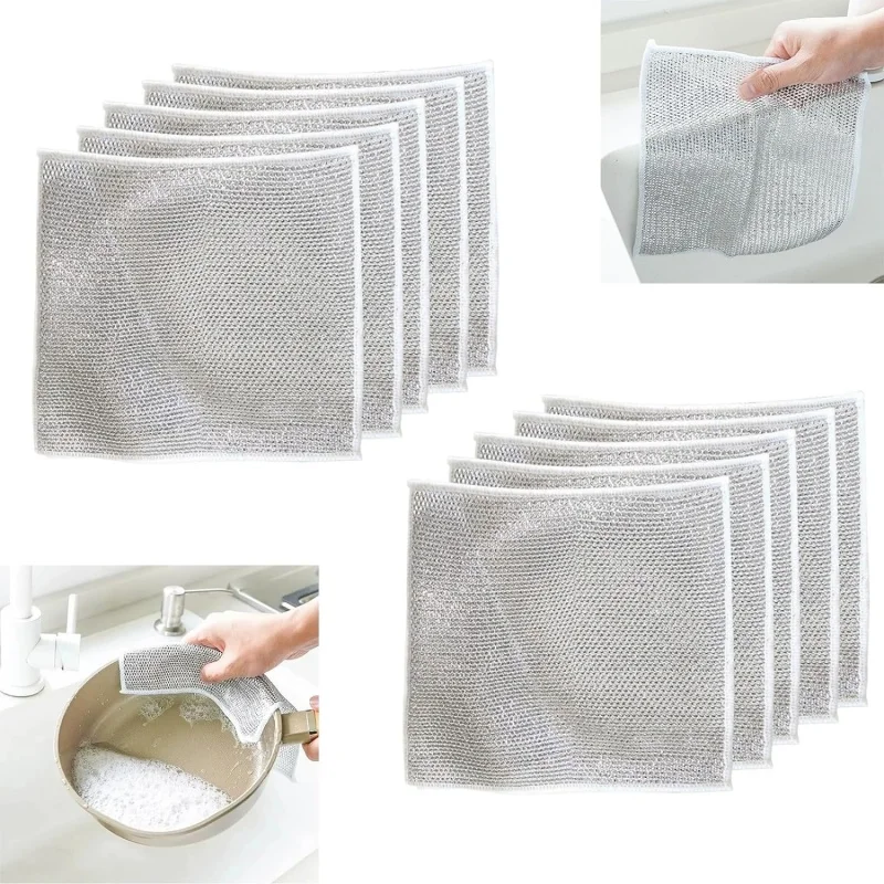 Magic Metal Wire Dishcloth Double Layer Thickened Cleaning Cloths Microfiber Wash Cloth Towel Kitchen Dishwashing Scouring Pads