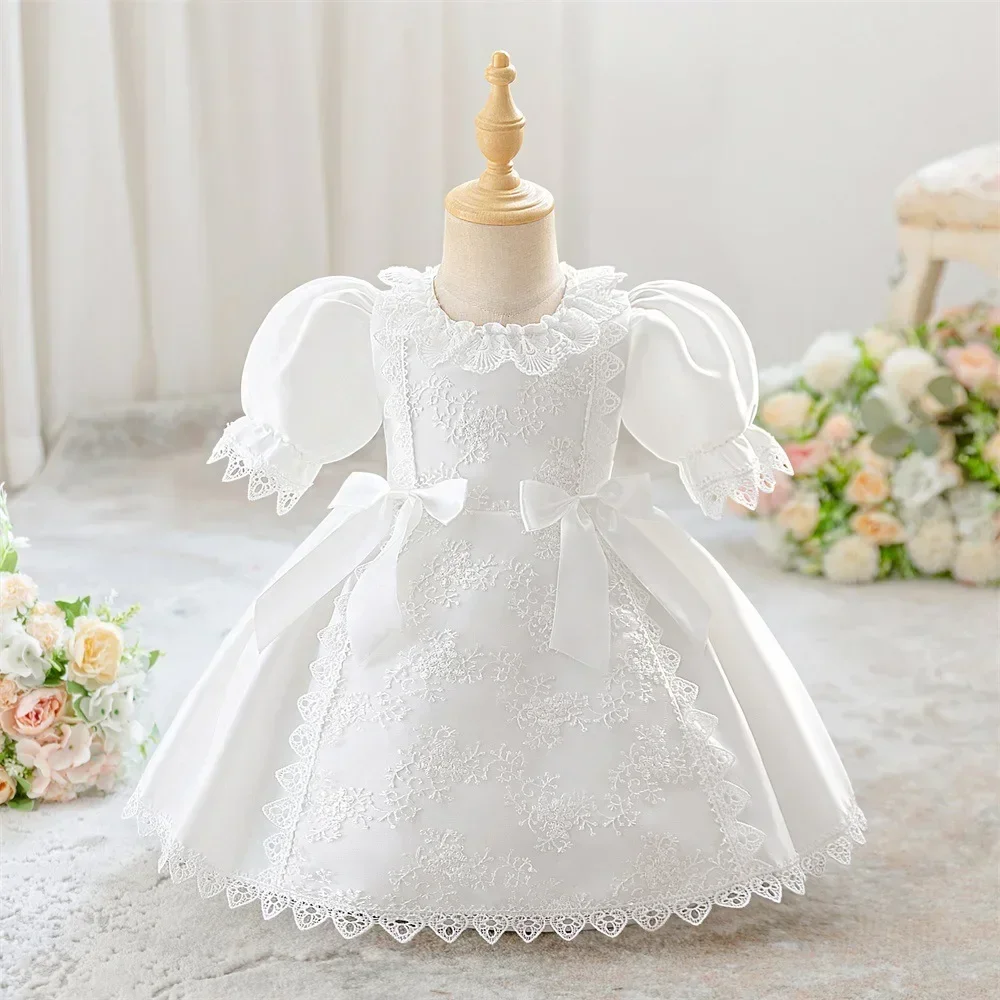 Baby Girls White Lace Dress Infant Baptism Costume Puff Sleeve Toddler Kids Tulle Vestido Wedding Birthday Party 1st Cloth ASQ03