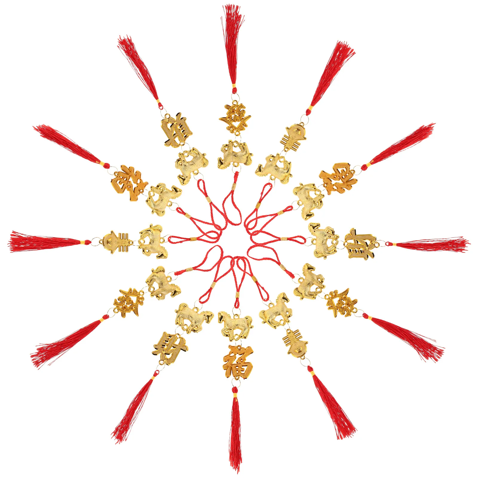 

12Pcs Chinese New Year Pendant Zodiac Horse Hanging Charms Chinese Characters Tassels Bonsai Spring Festival Decoration Home