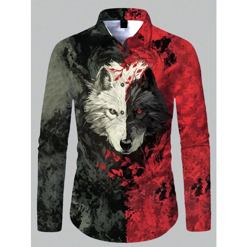 

Cool Wolf Sun Pattern Hawaiian Shirts For Men Fun Animal 3D Print Aloha Shirts Casual Loose Long Sleeve Button Lapel Tops Blouse