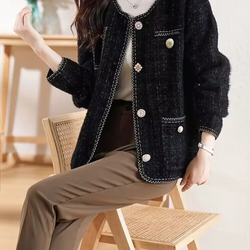 Office Lady Temperament Elegant Warm Sweaters Coat Autumn Winter Vintage Loose Chic Button Knitted Cardigan