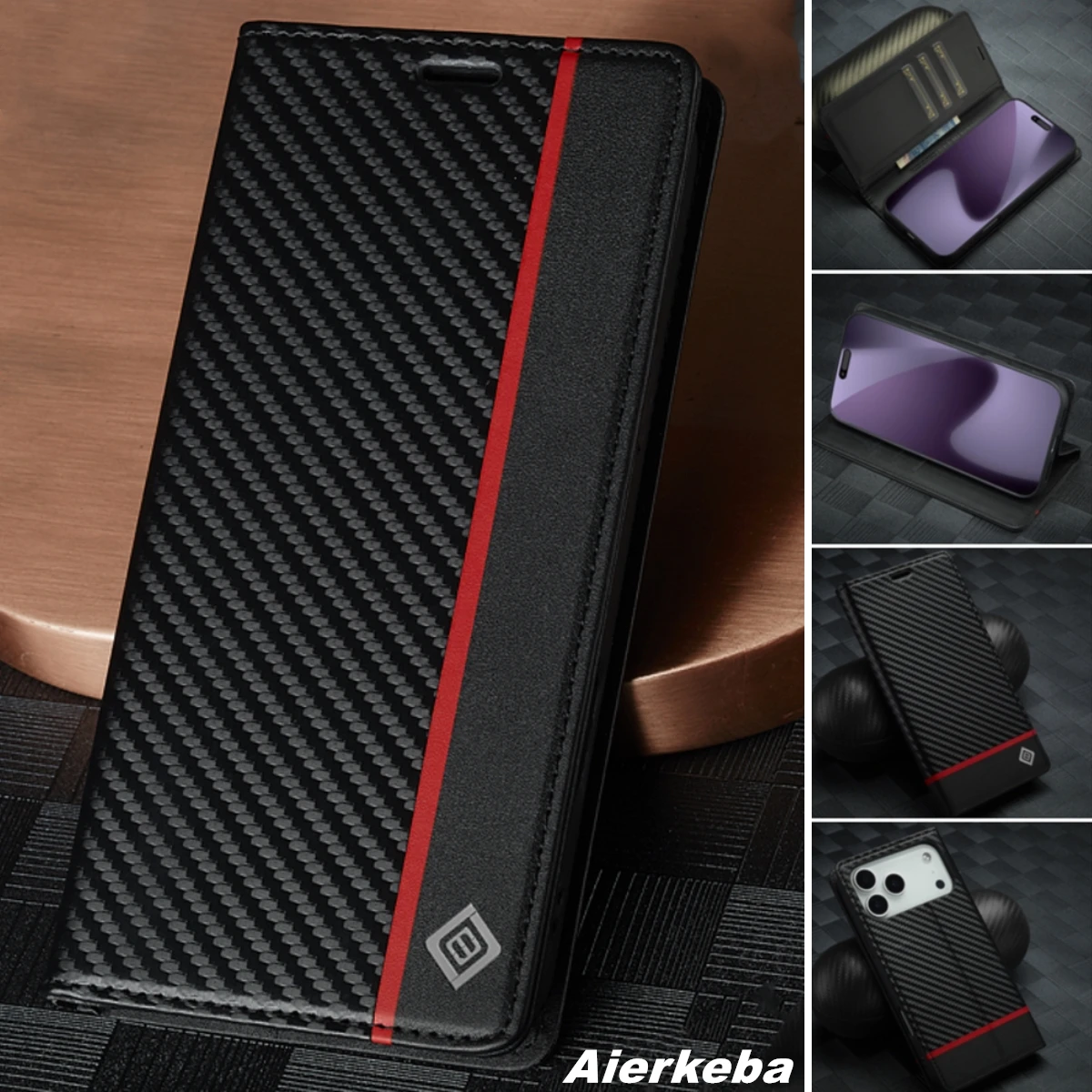 Carbon Fiber PU Leather Flip Case for  IPhone 17 Pro Max Air 16E 16 15 14 13 12 11 Pro Max Xs XR X 7 8 Plus SE Card Wallet Case - view 2