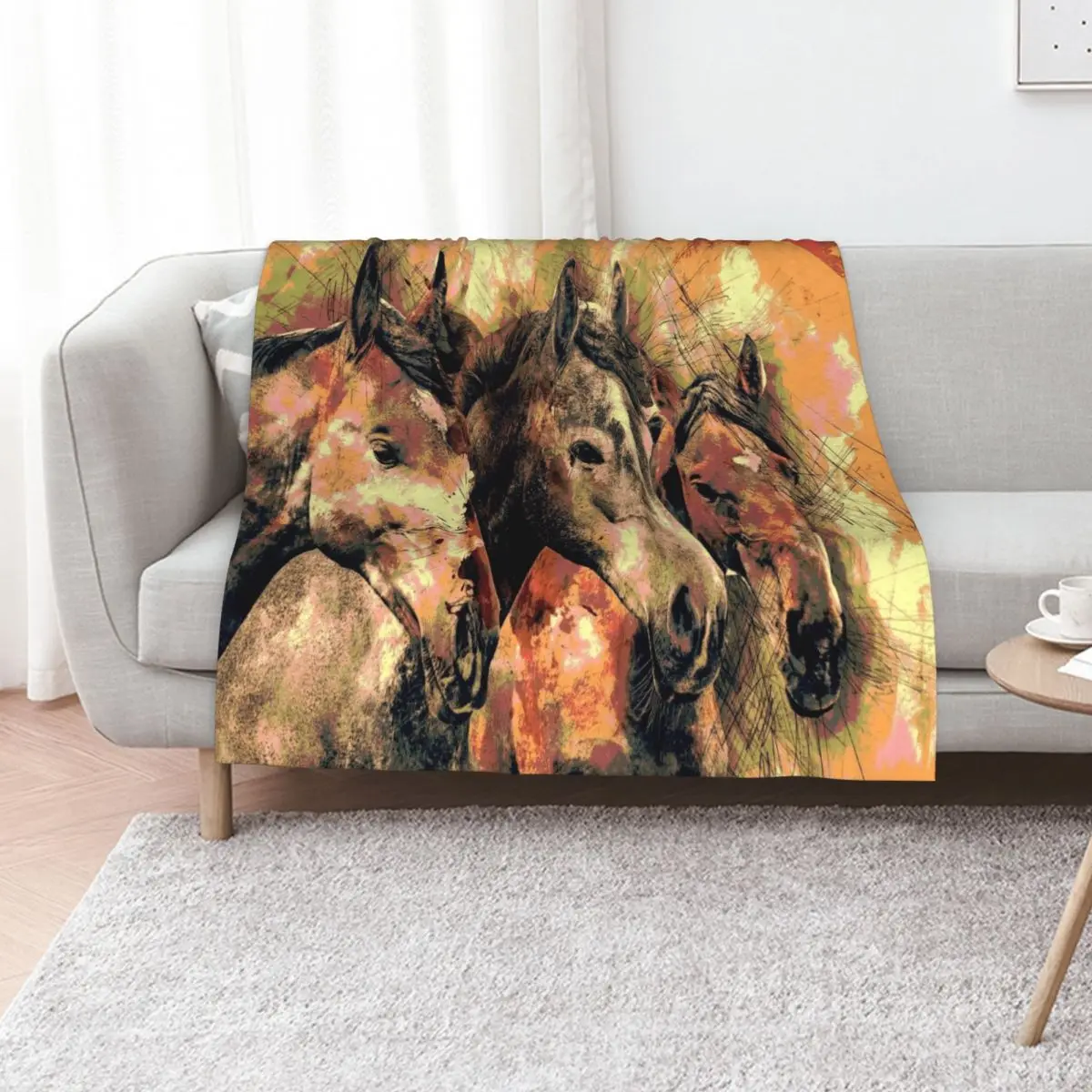 Horses Drawing Painting Throw Blanket halloween sofa bed Sofa Quilt Large Bed Fashionable christmas gifts Blankets