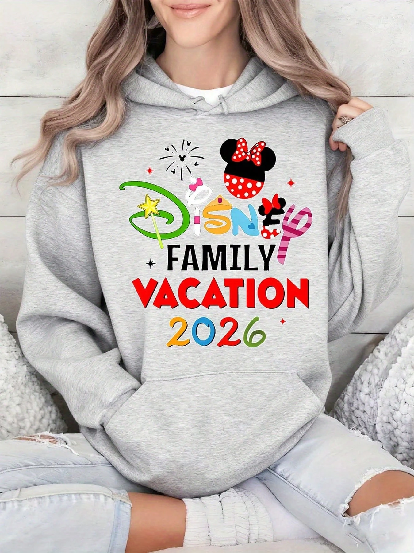 

Женская толстовка с капюшоном Disney для отпуска 2026 с Минни Маус, унисекс, осенне-зимняя флисовая толстовка с капюшоном для повседневного использования на открытом воздухе для любого случая