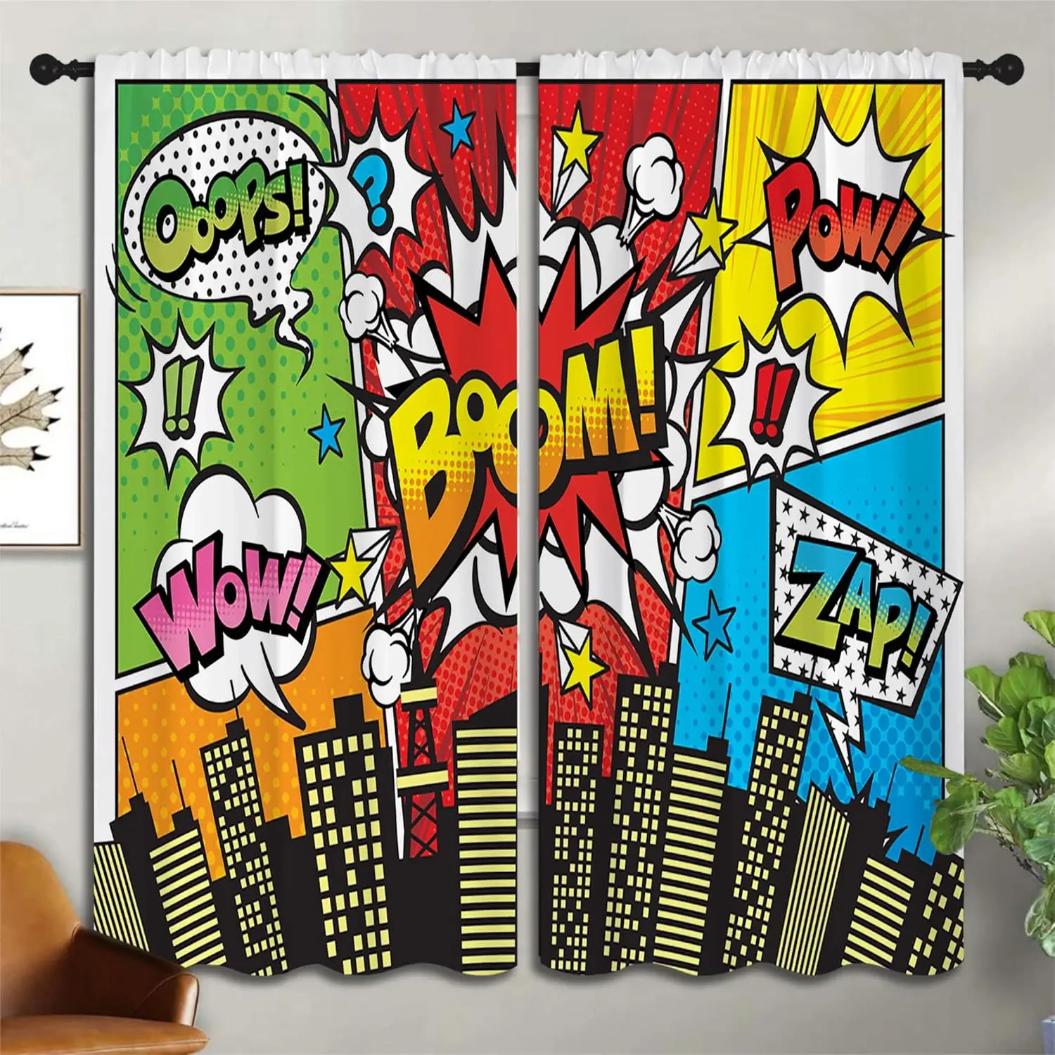 Superhero City Wars Explosion Rod Pocket Blackout Curtains for Boy Girl Bedroom, Colorful Comics Ar Home Energy Efficient Light