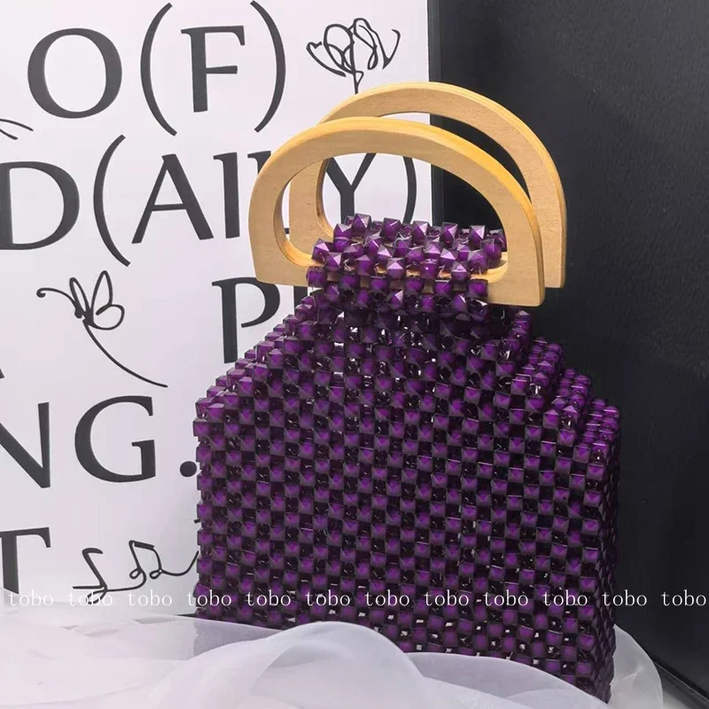 2025 Original Versatile Casua Makeup Bag Spring Handmade Bead Woven Luxury Women's Bags Wood Handle Unique Designer Luxury Bag