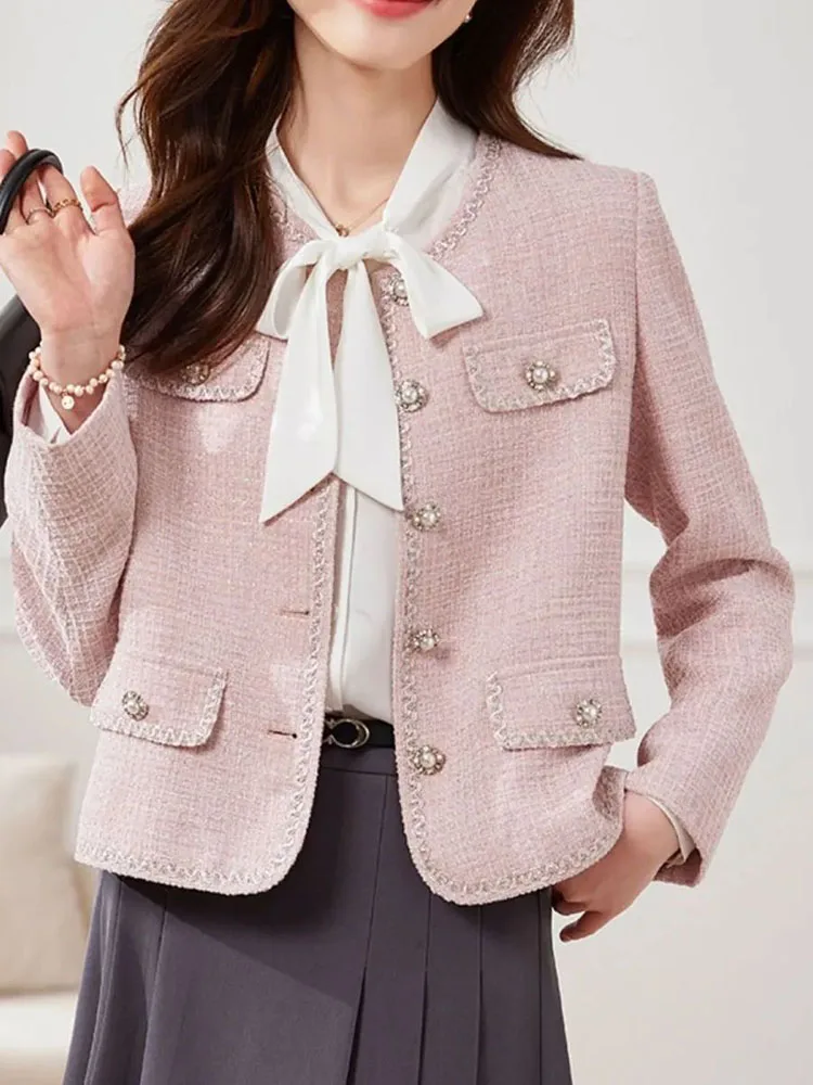 Korean Design O-neck Tweed Woolen Jackets Women Elegant Single Breasted Wool Blend Tops Coats Spring Fall Long Sleeve Abrigos