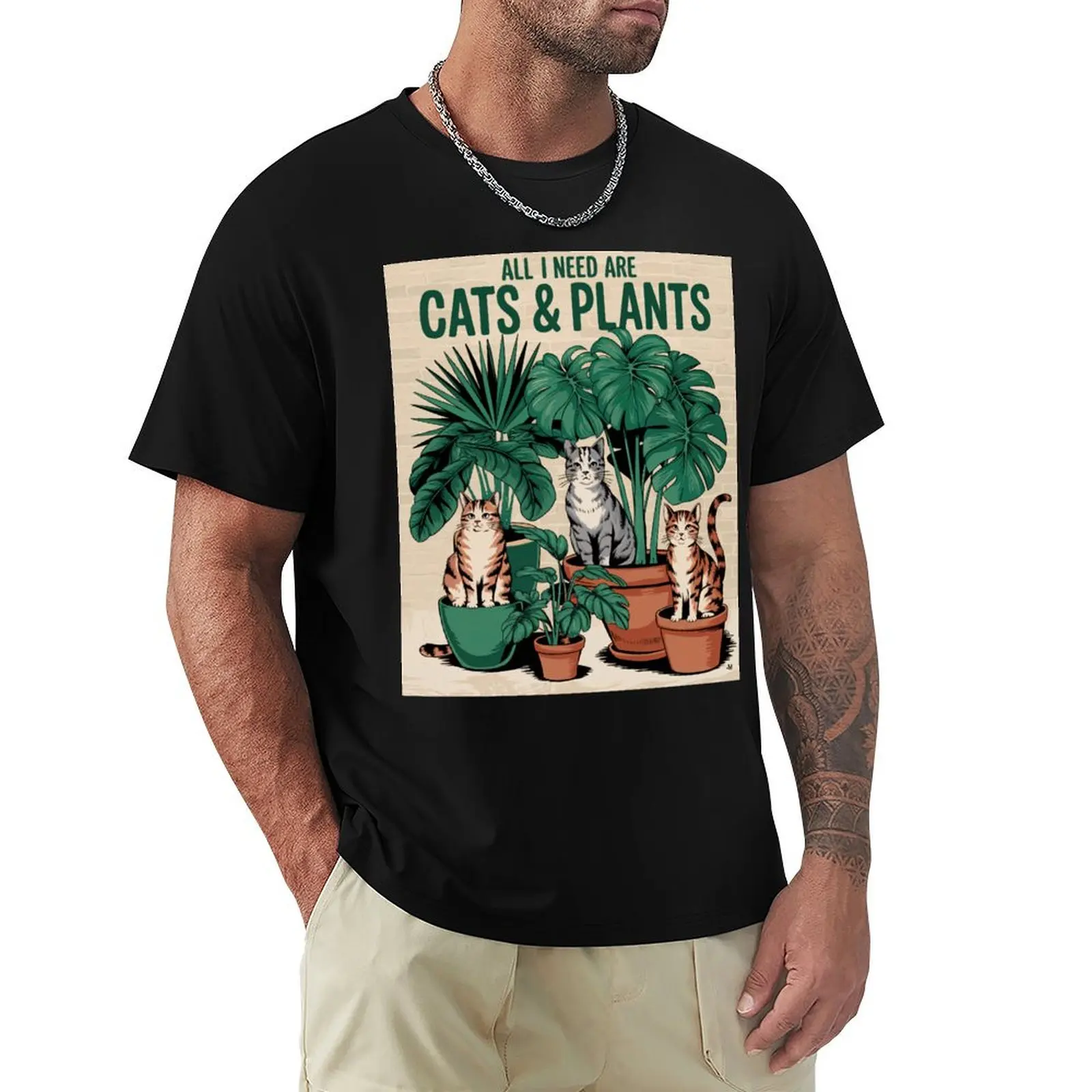 

All I Need Are Cats And Plants Vintage Illustration T-Shirt Tough Fabric Work Tee