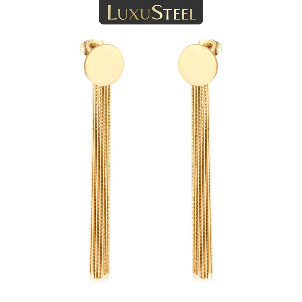 LUXUSTEEL Long Tassel Chain Earrings Office Style Drop Earring Women Accessories Stainless Steel Push Back Jewelry