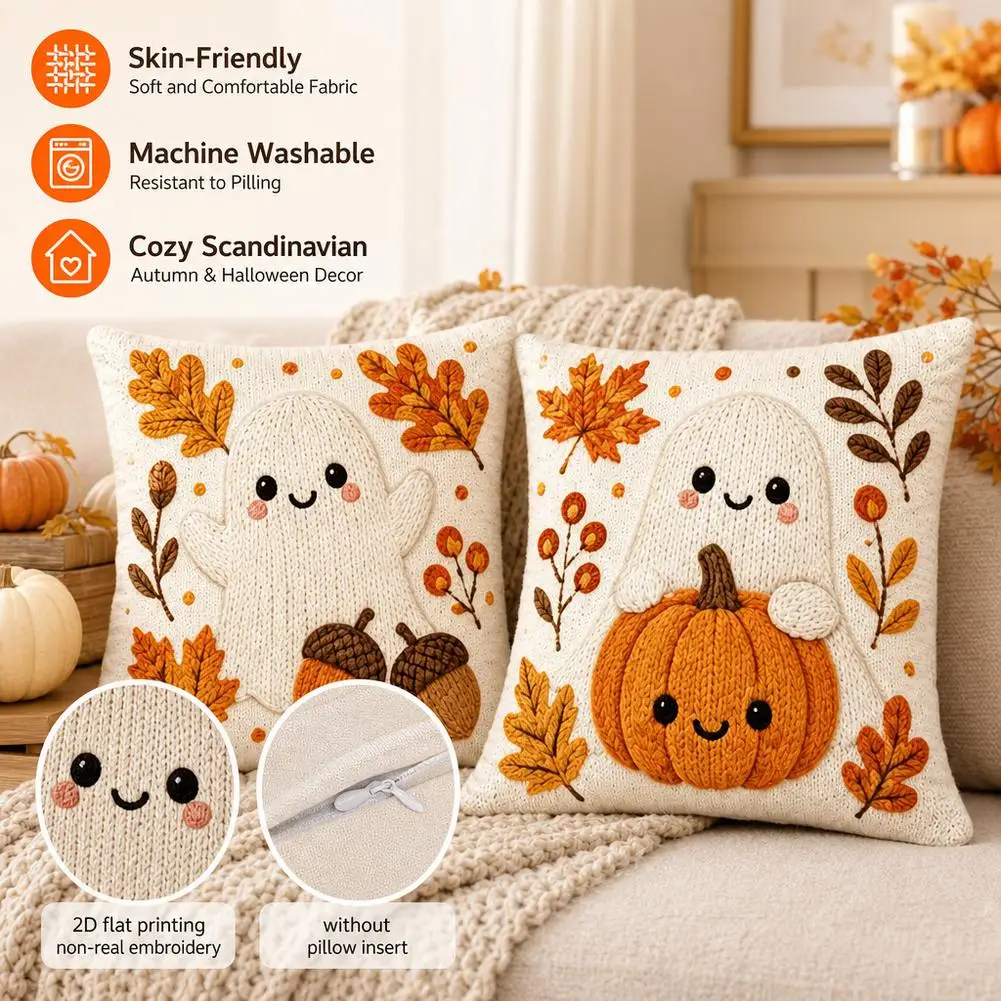 2PCS Embroidery Style Ghost Pumpkin Print Pillow Covers Cute Halloween Fall Decorative Throw Pillow Sofa Couch Home Decor
