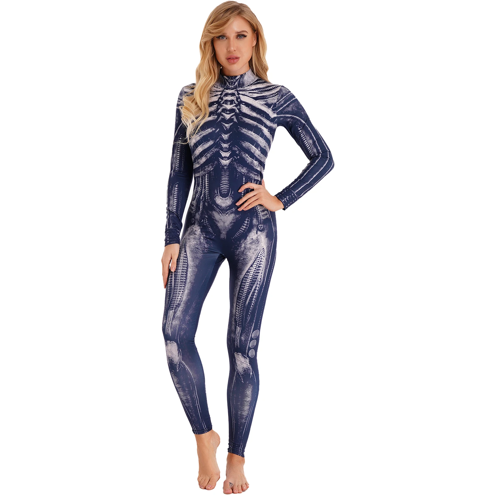 Women 3D Skeleton Halloween Costumes Long Sleeve Bodysuit Halloween Role Play Costume Scary Skull Print Skinny Jumpsuit Catsuit