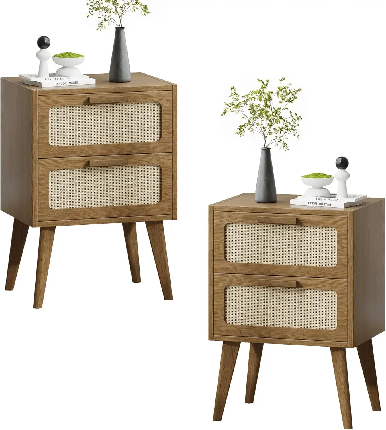 

Nightstand Set of 2,Mid Century Modern Bedside with Drawers,End Table, Side Table with 2 Hand Made Rattan Decorated Drawers