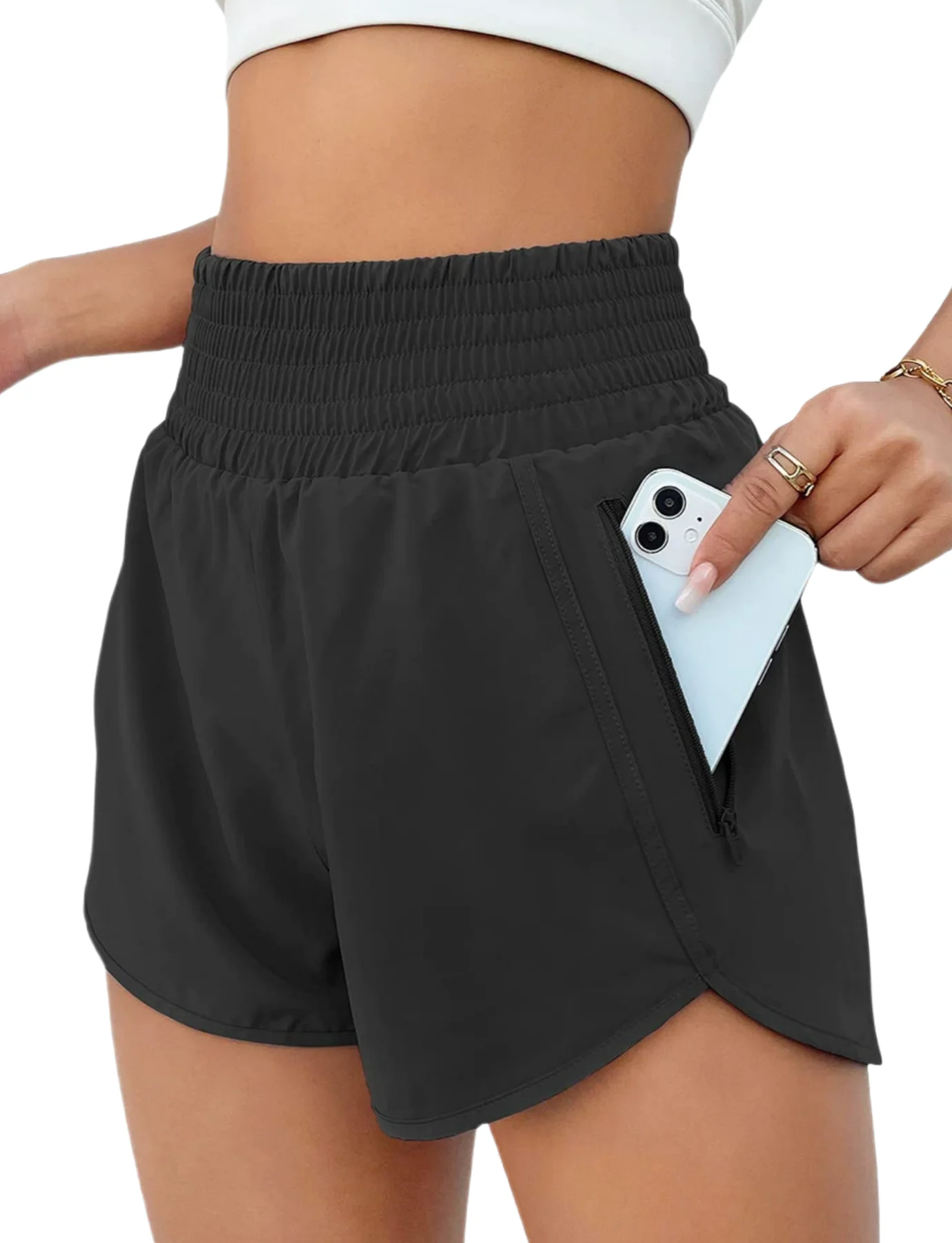 Women's high waist pocket zippered shorts, high slit for sports running, comfortable lined gym sports and daily wearable