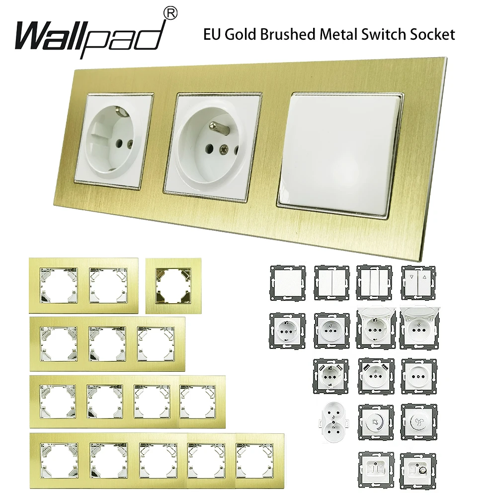 

DIY EU Gold Brushed Metal Frame Light Fan Dimmer Switch Wall 16A Russia French CAT6 Power Socket with USB TypeC Outlet Wallpad