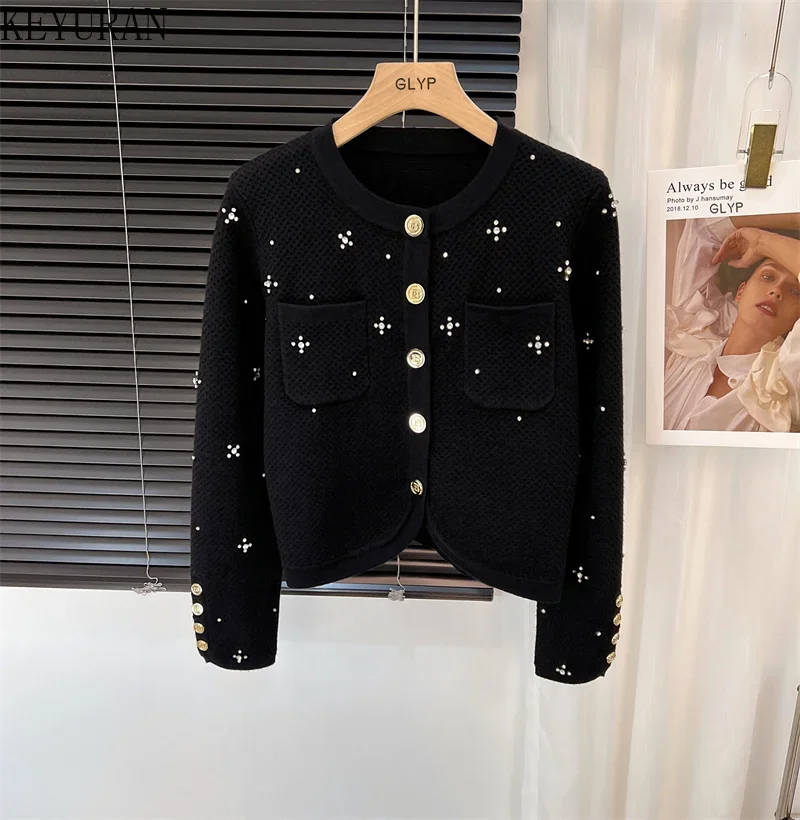 2024 Autumn Winter New Vintage Knitted Cardigan Sweater Women Korean Fashion Black Diamonds Beading Knitwear Tops Female Jumper