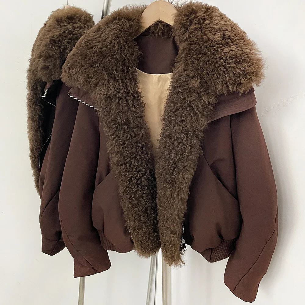 OFTBUY Luxuriöse Kurze Echt-Lammfell-Pufferjacke mit Großem Naturpelzkragen, Weißer Daunenmantel für Damen, Neue Winterkleidung für Frauen – Detail 13