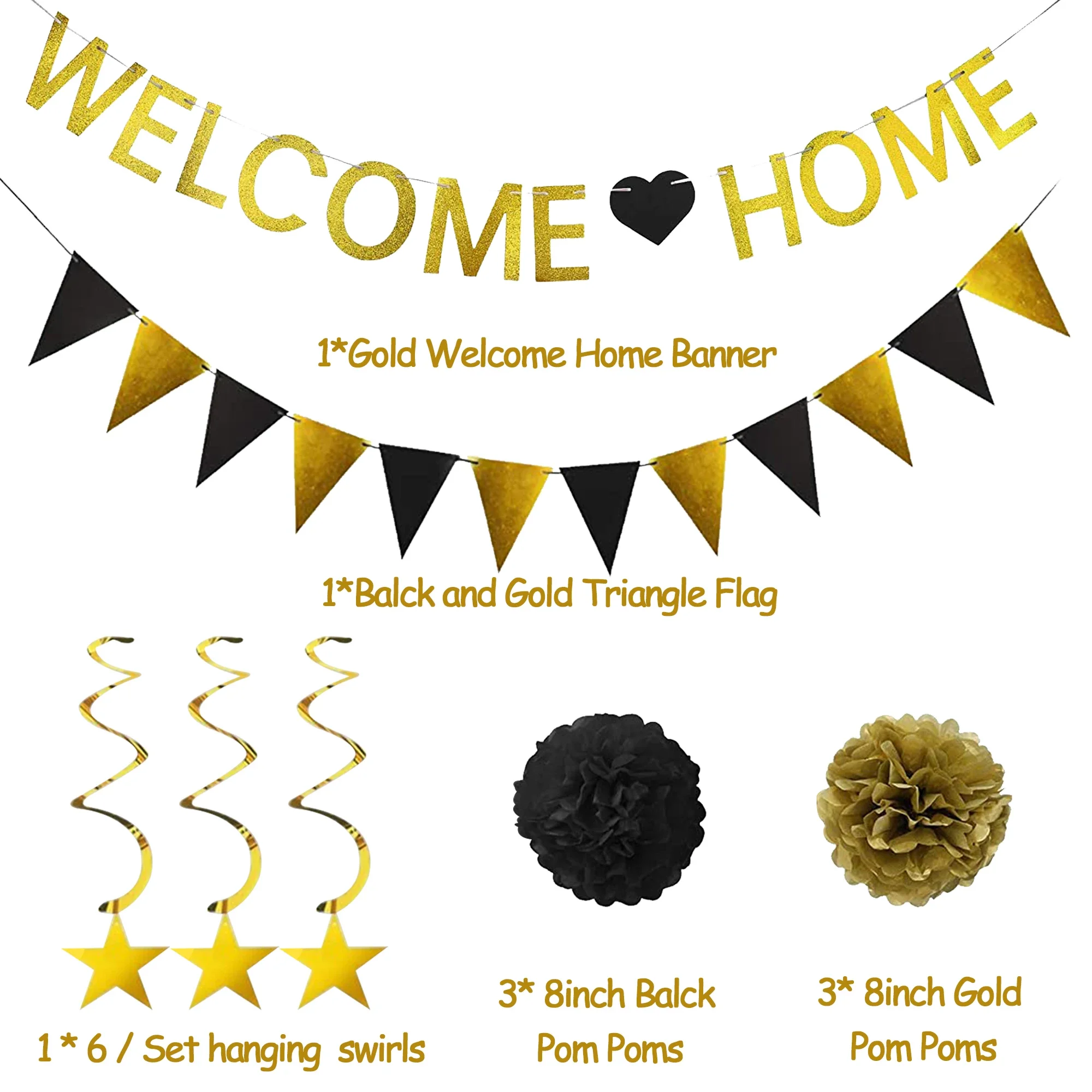 Sursurprise Black Gold Welcome Home Party Decorations WELCOME HOME Banner Pennant Paper Pom Poms Homecoming Party Supplies