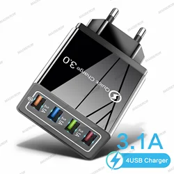 3A USB Charger 4 Ports USB Quick Charge 3.0 EU US Plug For iPhone Samsung Xiaomi Poco Fast Charging Mobile Phone Charger Adapter