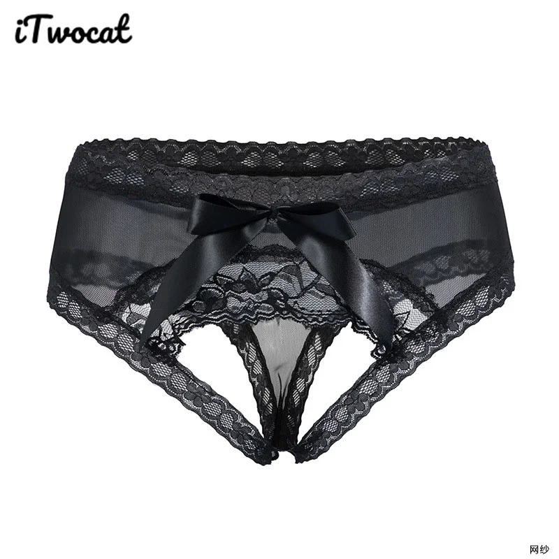 iTwocat Women Sexy Clothing Open Crotch Lace Bowknot Underwear Sexy Lingerie For Women Black Thong See-through Exotic Panties