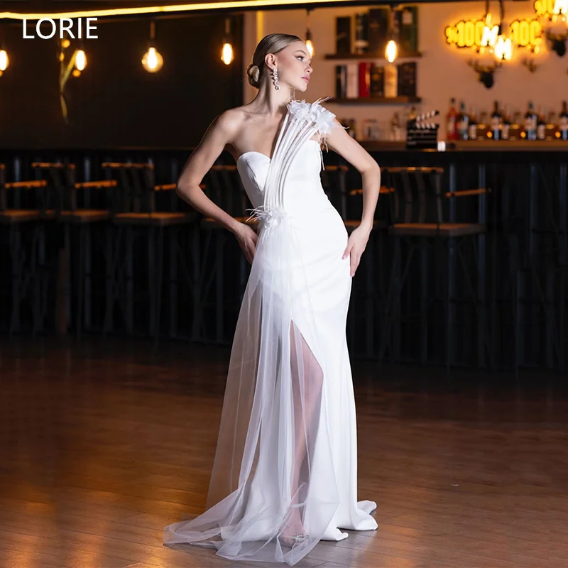 LORIE Tulle Mermaid Wedding Dresses Elegent Strapless Feather Bridal Gown Side Silt Floor-Length Bride Gowns Customized