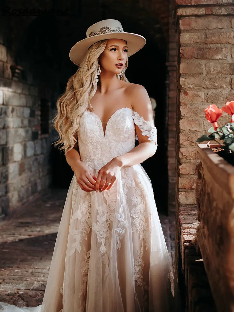 

Country Off The Shoulder Wedding Dresses A-Line Sleeveless Appliques Lace Boho Bridal Gowns