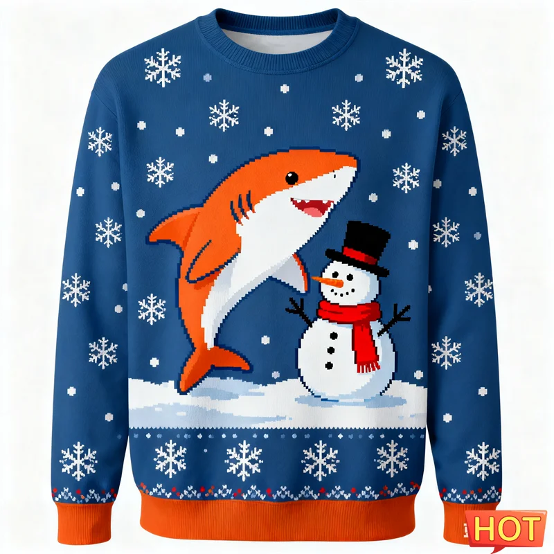 

Cute Shark Graphic Ugly Christmas Sweater For Men Trendy Crew Neck Animal 3D Printed Xmas Sweatshirts Casual Oversized Pullovers
