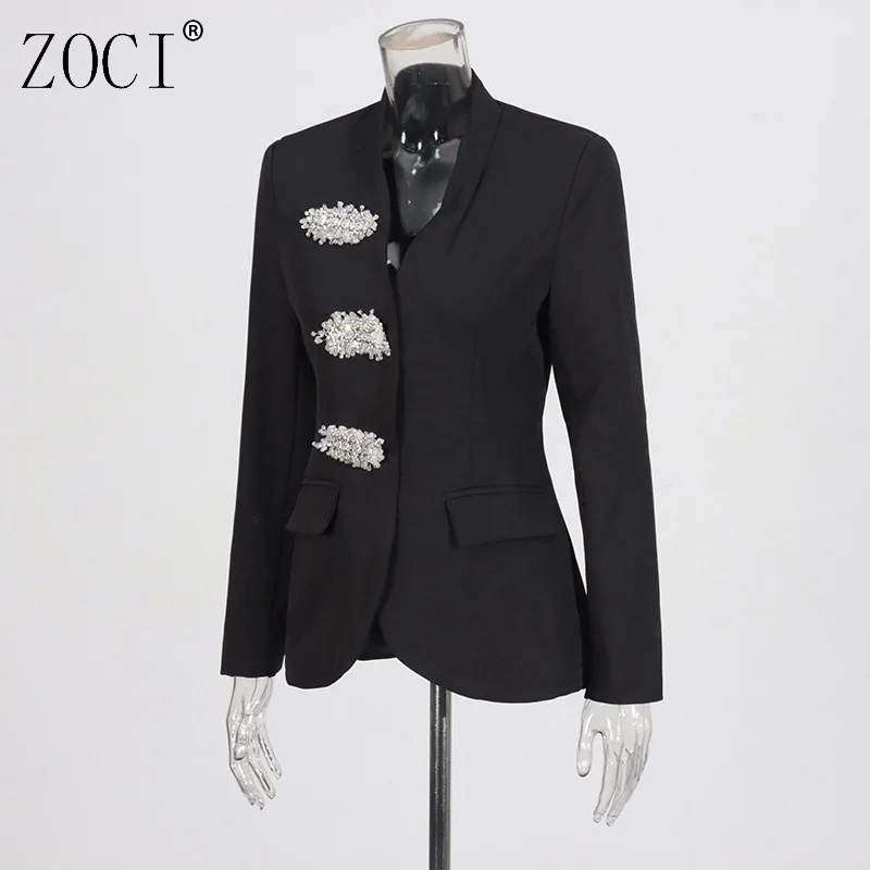 

ZOCI Patchwork V-neck Blazers For Women Solid Color Suit Jackets Vintage Unique Design Female Long Sleeve Notched Collar Coat