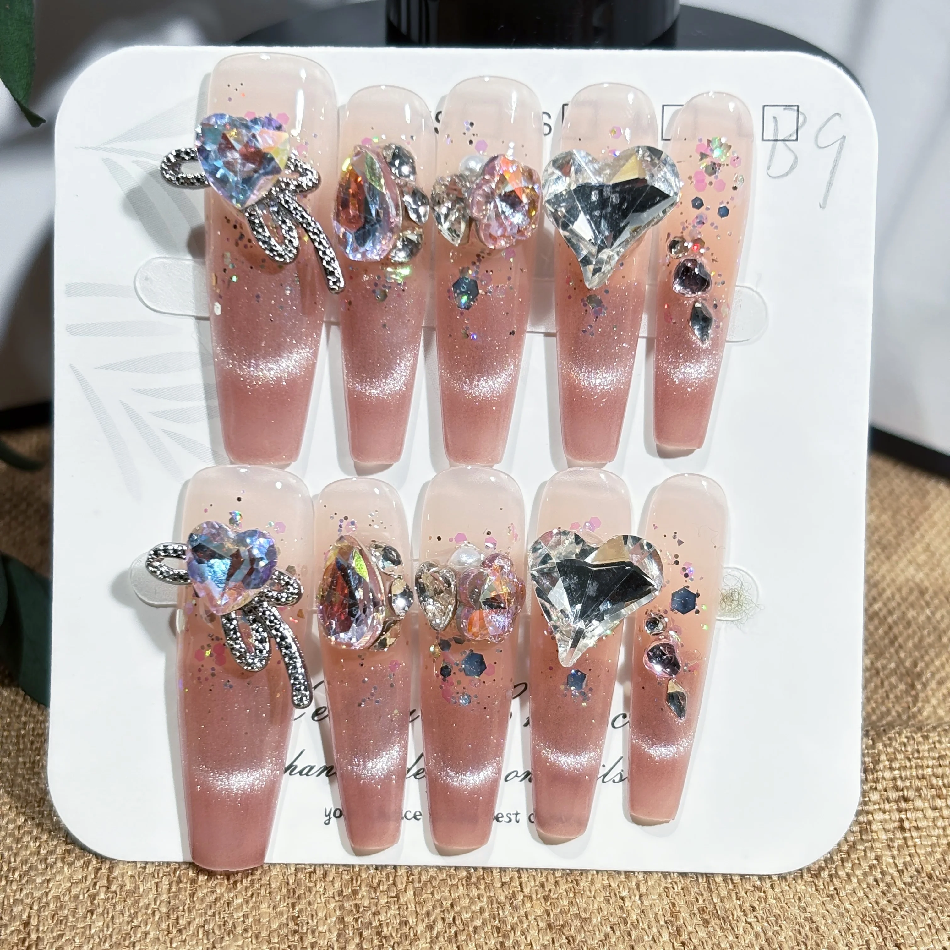 

10Pcs Flash Luxury Diamonds Fake Nails Handmade French Pink False Nails Long Square Press On Full Cover Nails