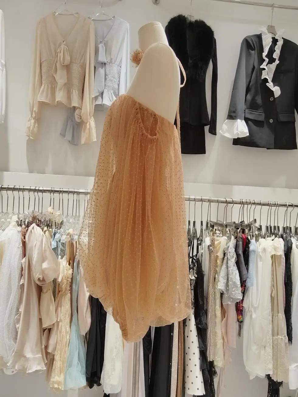 Romântico dupla camada de tule bolinhas um oulder tubo superior lanterna sve flor bud saia dr feminino ort saia