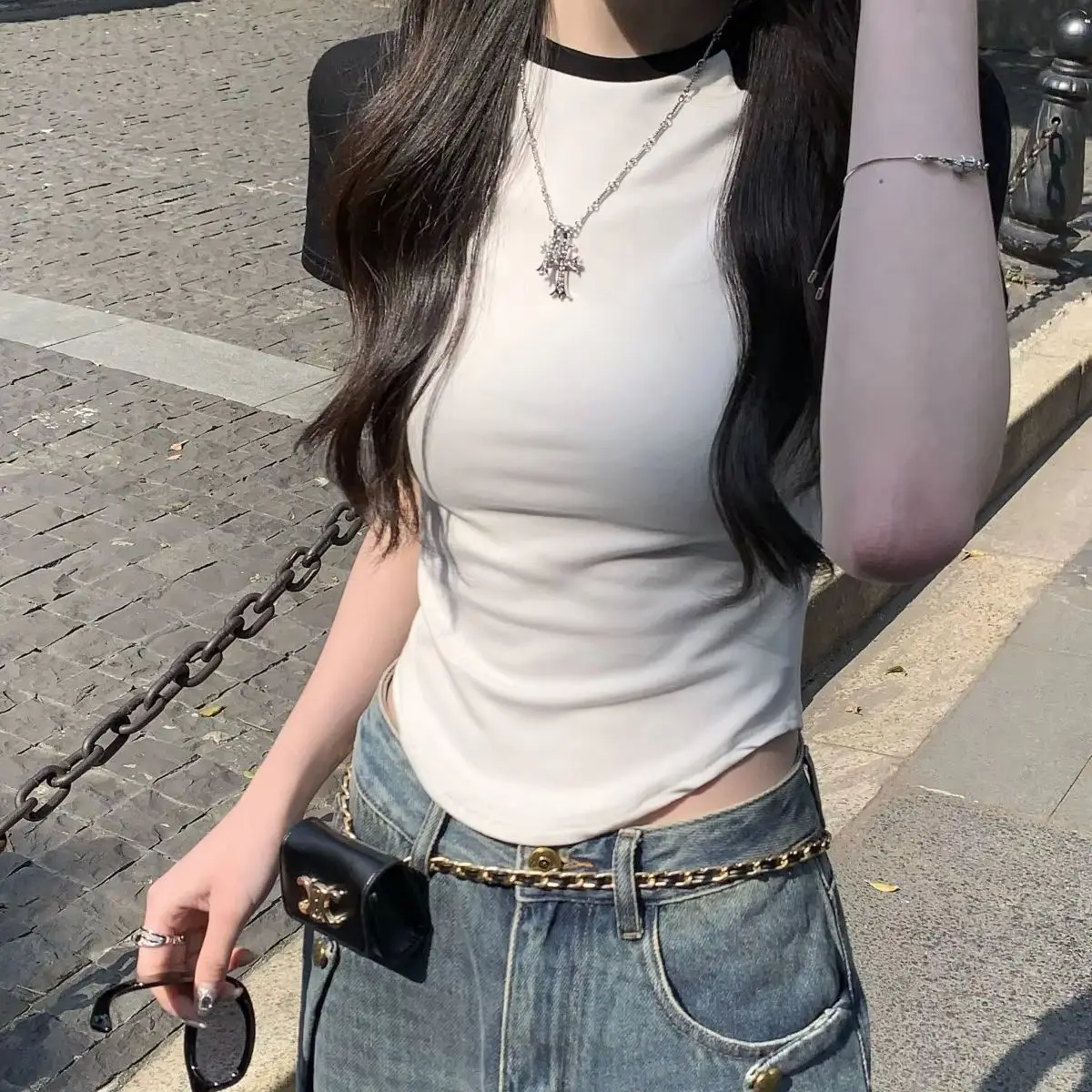 Splice Kpop Crop Tops Women Slim Y2K Korean Fashion T-shirts Sexy Vintage Tees Shirts Goth Harajuku Cheap Clothes Woman Tshirts