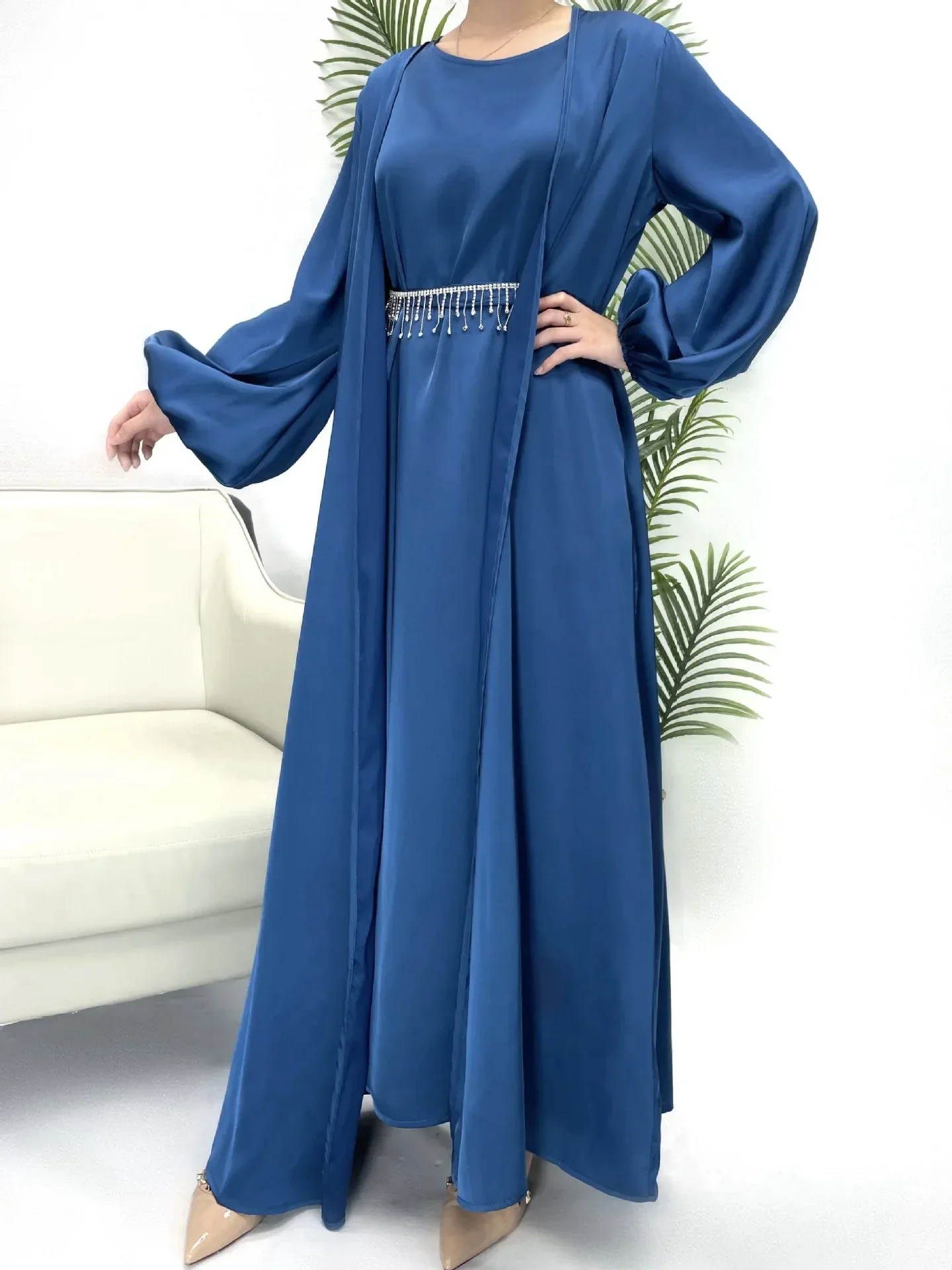 Turkey Kaftan Arab Robe Islamic Clothing Elegance Satin Muslim Set Long Sleeve Women Eid Long Maxi Dress with Hijab Dubai Abayas