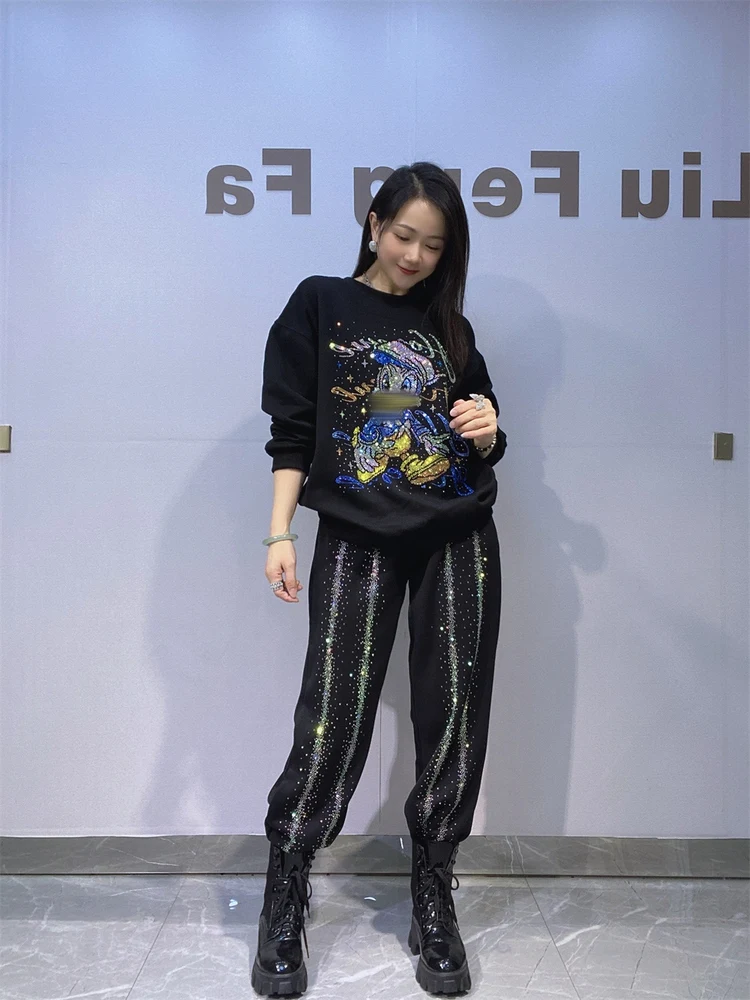

Heavy Duty Rhinestone Set round Neck Sweatshirt Women's Loose Long Sleeve Trousers Two Piece Set Autumn Winter Korean Style