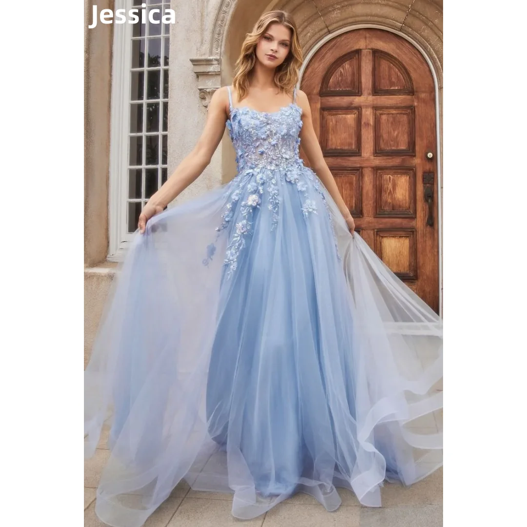 

Jessica Light Blue Prom Dresses 3D Applique Tulle Princess Evening Dresses Wedding Formal Occasions Party Dress robes de soirée