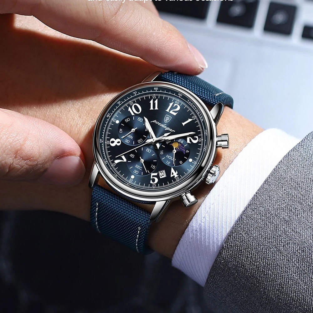 POEDAGAR Men's Watches Young Fashion Style Original Quartz Watch for Man Waterproof Luminous Moon Phase Date Chronograph 24 Hour