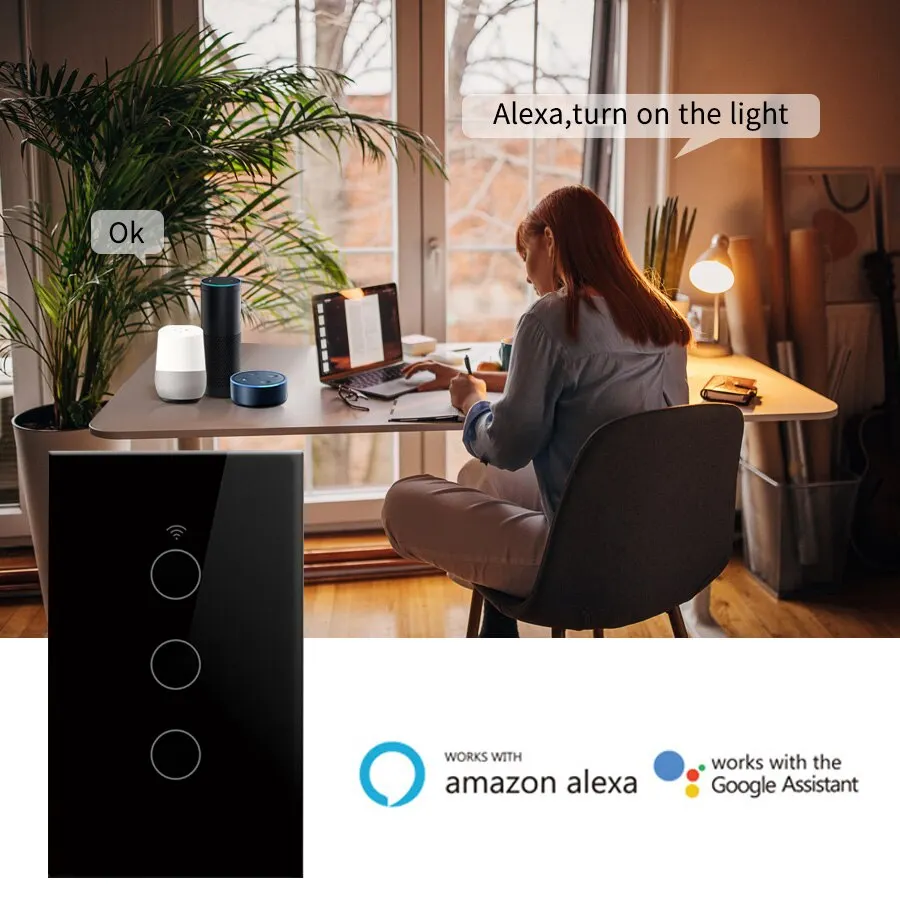 Tuya WiFi US Smart Light Switch 120 Тип Настенная сенсорная панель без нейтрального одиночного огня Работа с Alexa Google Home 1/2/3 Gang