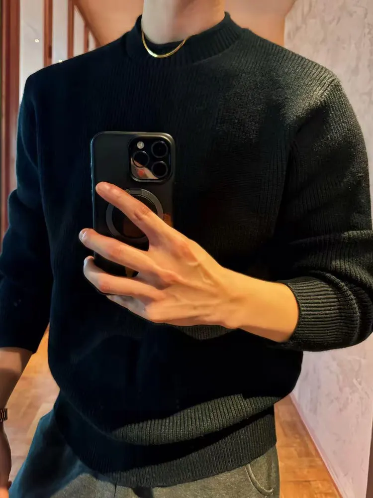 

Bla round Ne Slim Fit Knitted Sweater Men's Autumn Winter High Texture Elastic Cleanfit Inner Wear Base irt Regular Sve