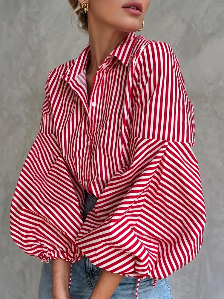 Yeezzi Women's Red White Vertical Stripe Lapel Blouse Tops Puff Balloon Sleeves Drawstring Cuff Loose Casual Daily Commute Shirt