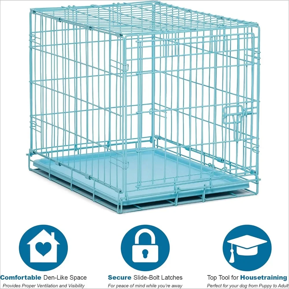 Single door blue folding metal dog cage with divider, floor protection 'roller' feet and leak-proof plastic tray