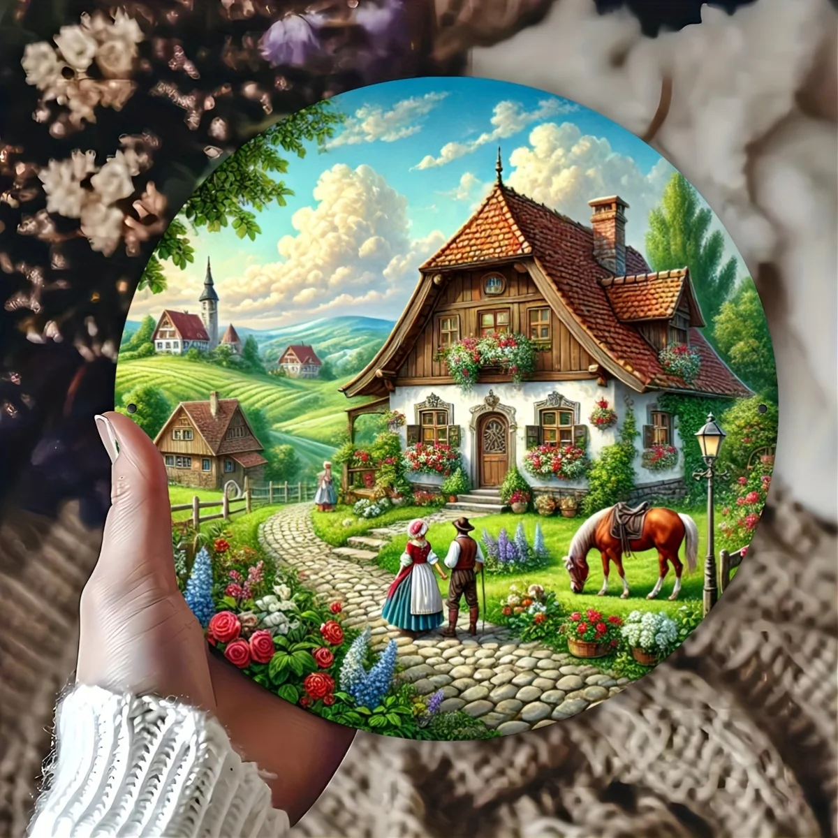 1pc Vintage Farm Landscape Round Metal Can Wall Art - Vintage Rural Scenery with Countryside Crops & Farm Animals, Rustic Barn &