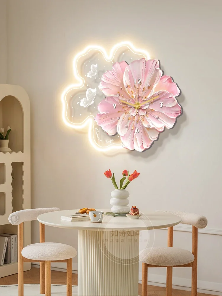 Modern Flower Wall Clock Silent Large Living Room Clock Creative Luxury Wall Adhesive Clocks with Light Interior Decoration