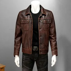 Amico Denim Leather Jacket Men's Real Half-season Leather Short Jacket, Button Style, Quality, Punk, Cycling, Windproof, Fashion