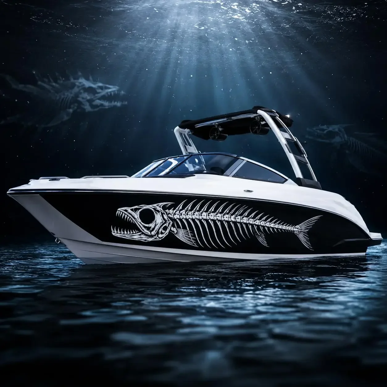 Fish Skeleton Boat Wrap Sticker Black & White 2-Piece Marine White Predatory Fish Skeleton Graphic Stickers,