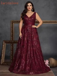Lucyinlove Plus Size Luxury Deep V-Neck Sequins Evening Dresses Women Elegant V-back Wedding Party Long Prom Cocktail Gowns