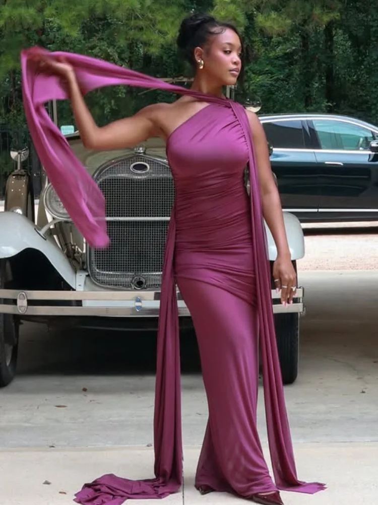 Solid Asymmetric Gown Maxi Dress One-Side Ribbon Waist Shirred Sheer Mesh Bodycon Dress 2026 Formal Banquet Vibe Maxi Dress