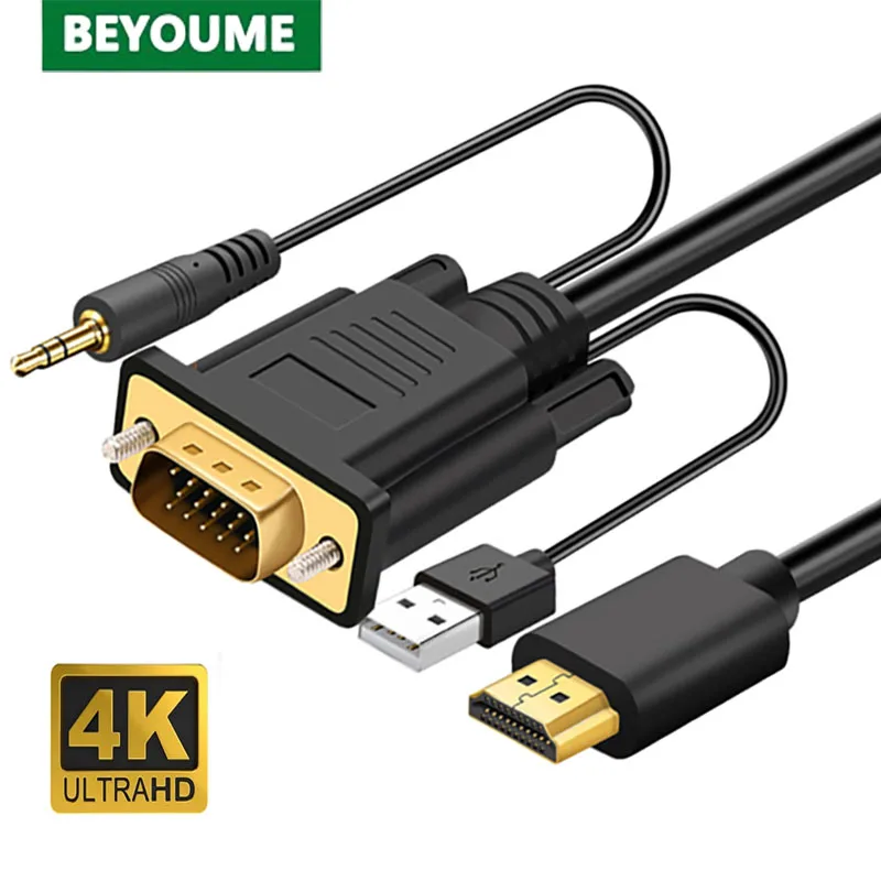 1080P HDMI-compatible to VGA Converter Cable with 3.5 Audio Power Line Gold Plated HDMI-VGA Adapter for Laptop TV Box Projector