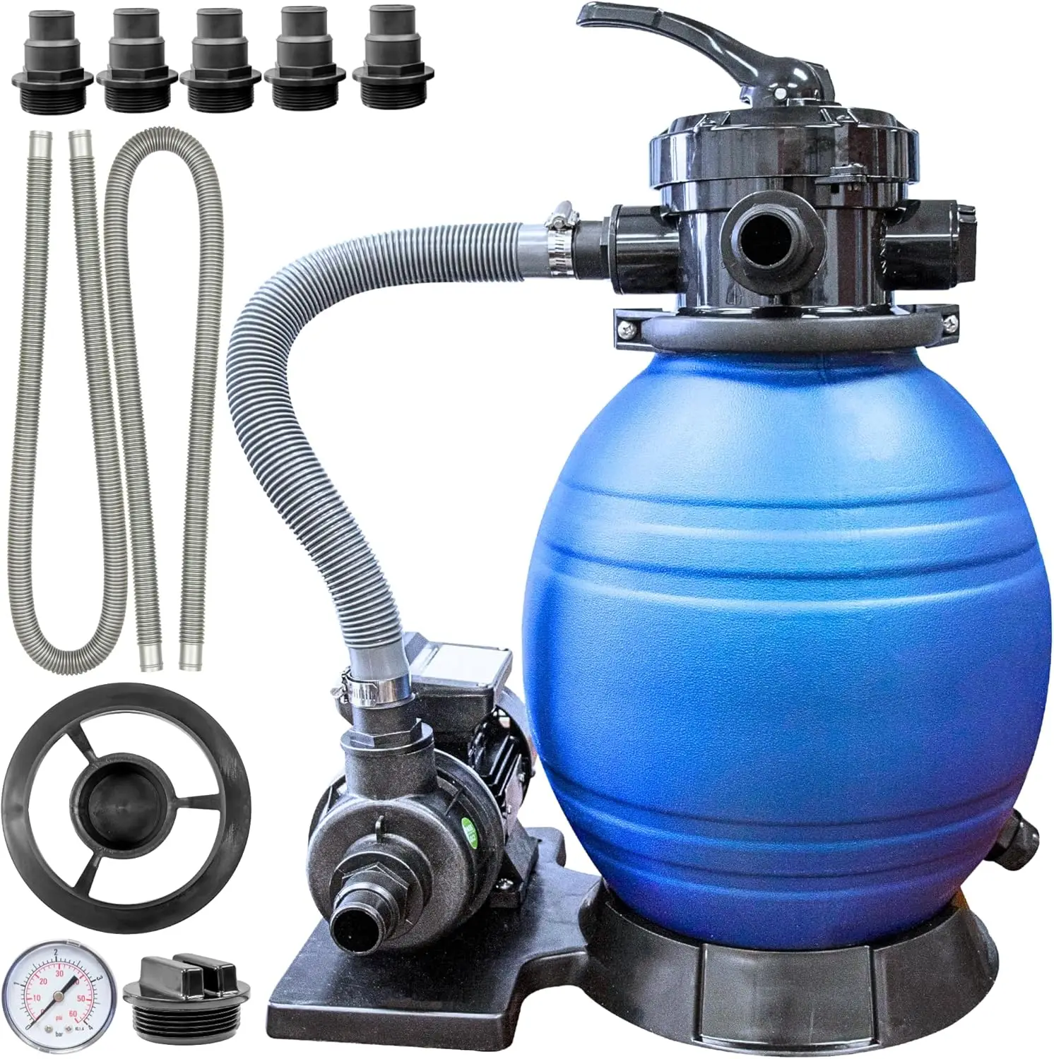 

Complete Sand Filter System, 12" Tank - for Above-Ground Pools Up to 8,000 Gallons, Single Speed Pump, 0.3 THP, 1,980 GPH