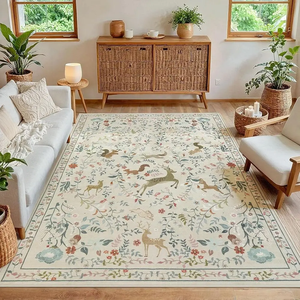 

Floral Animal Print 5x7 Rugs - Washable, Non-Slip, Low Pile for Living Room, Bedroom, Dining Area, and Kids' Playroom in Beige
