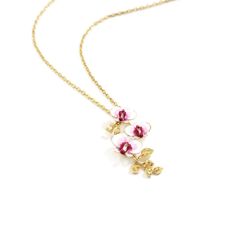 

New Dainty Phalaenopsis Temperament Pastoral Style Collarbone Chain Female Elegant Fuchsia Flower Petal Pendant Sweater Necklace