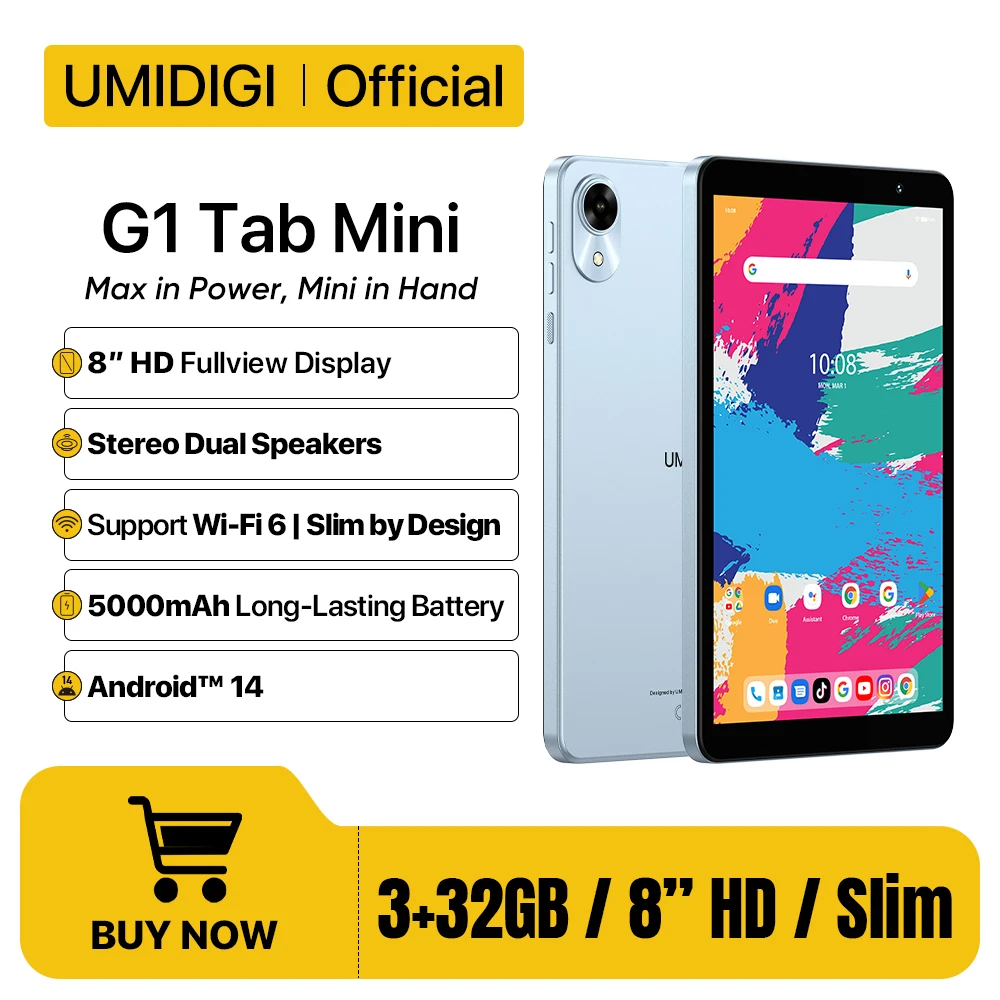 UMIDIG G1 Tab Mini tablet 8 "Display HD 5000mAh Bateria 5MP Suporte para câmera Wi-Fi 6 Slim por Design